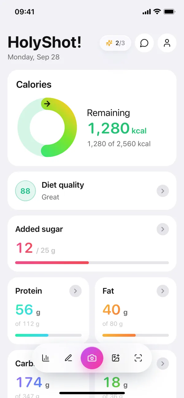 Home screen with the calorie ring, diet quality, added sugar and macros