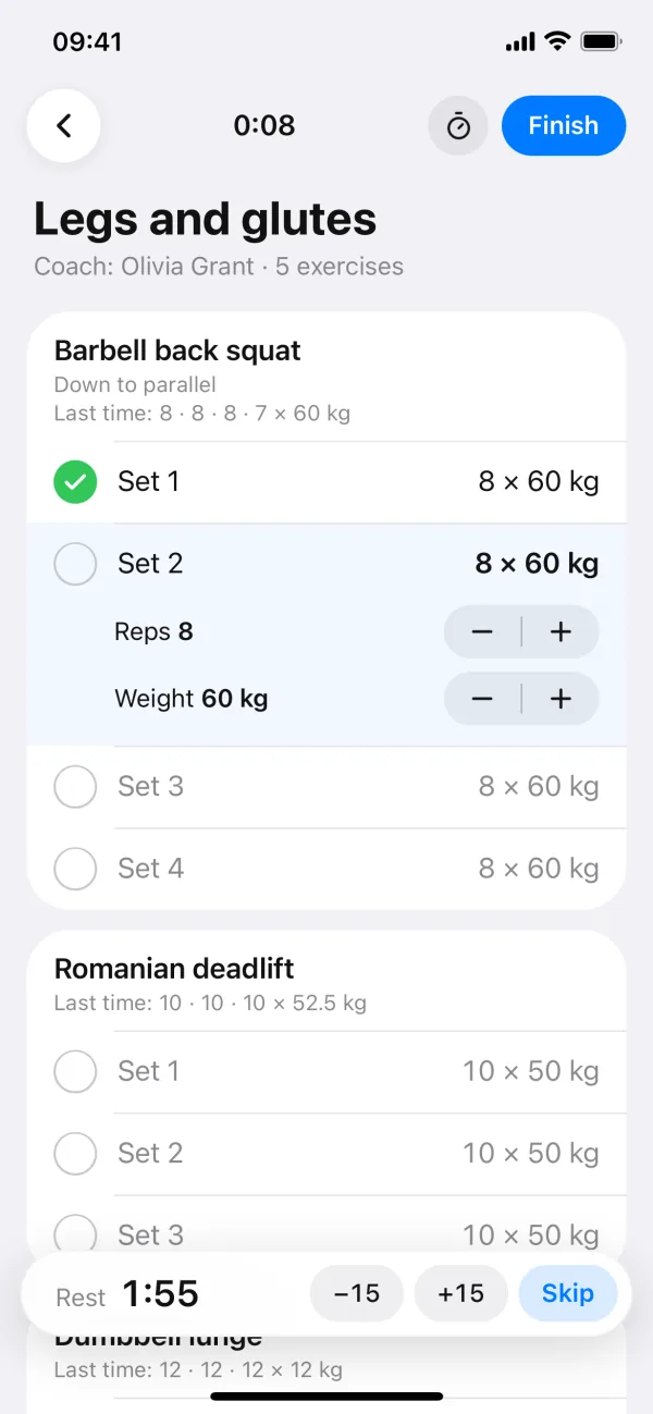 A workout under way: sets ticked off and a rest timer