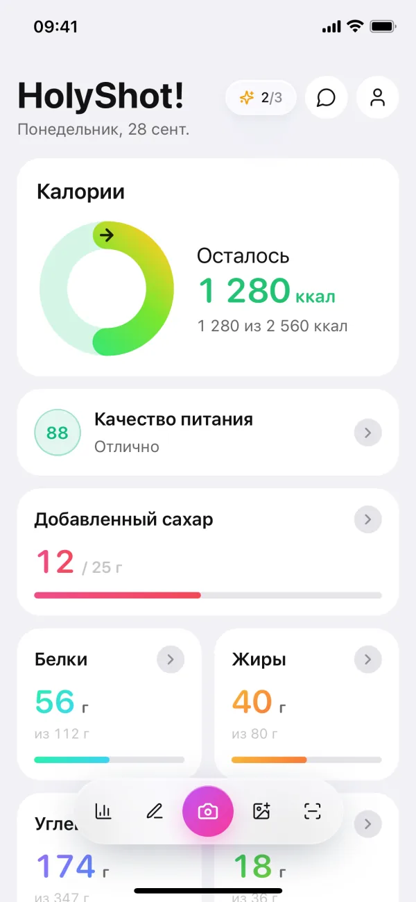 Главный экран: кольцо калорий, качество питания, добавленный сахар и БЖУ
